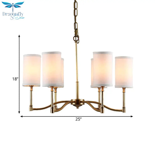 Gold Tubular Pendant Chandelier Colonial Style Fabric 6/9 - Bulb Down Lighting With Twisted Arm For