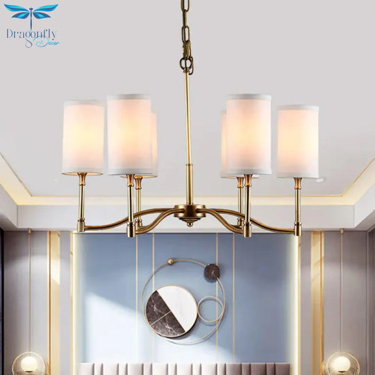 Gold Tubular Pendant Chandelier Colonial Style Fabric 6/9 - Bulb Down Lighting With Twisted Arm For