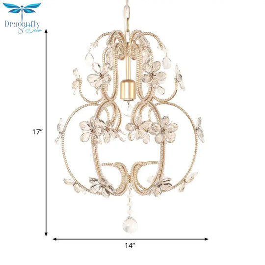 Gourd Cage Chandelier Lighting With Crystal Bead Vintage 1 Light Ceiling Pendant In Gold