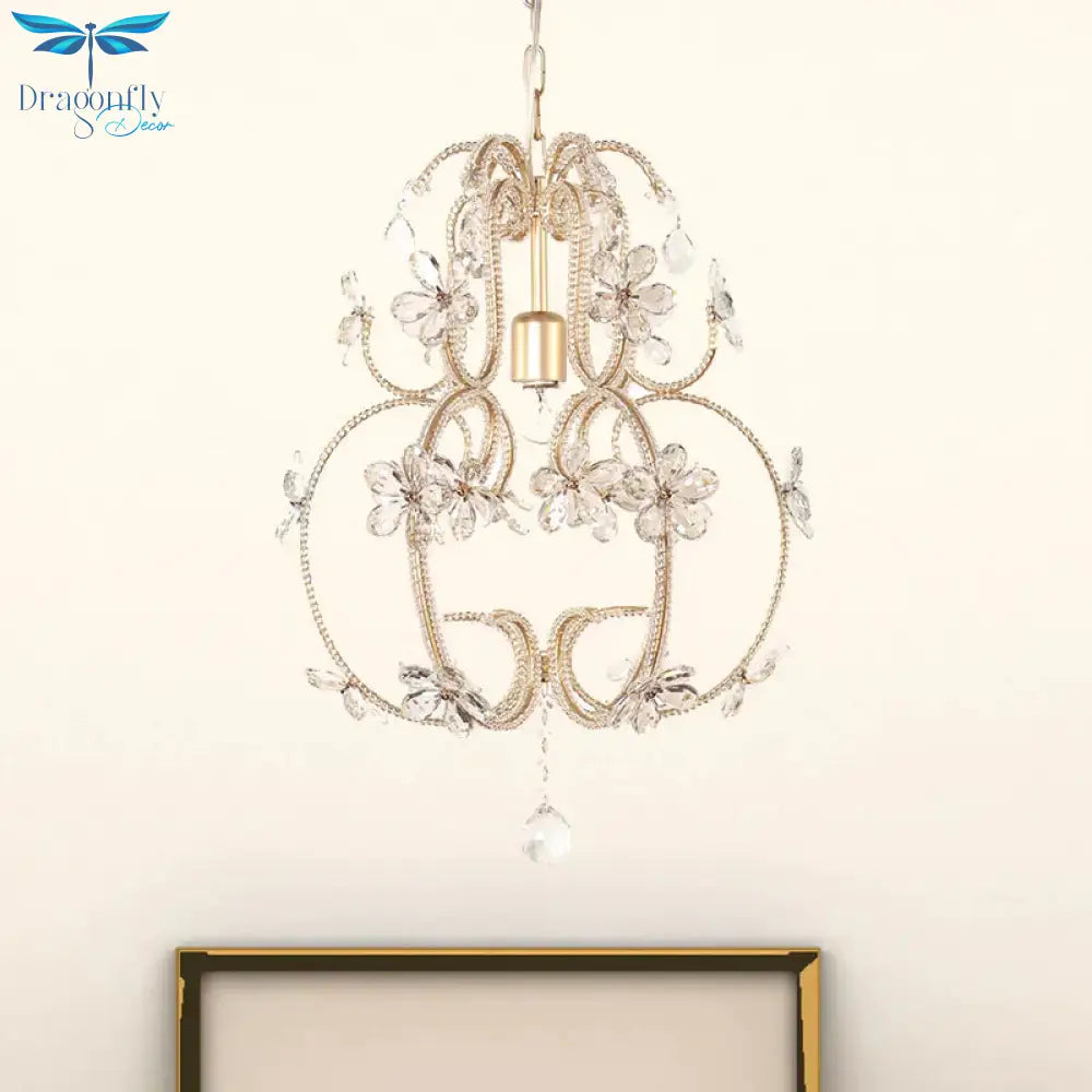 Gourd Cage Chandelier Lighting With Crystal Bead Vintage 1 Light Ceiling Pendant In Gold