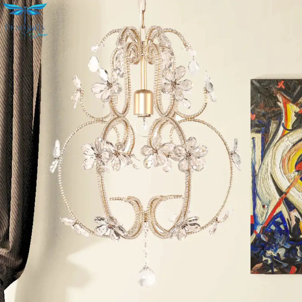 Gourd Cage Chandelier Lighting With Crystal Bead Vintage 1 Light Ceiling Pendant In Gold
