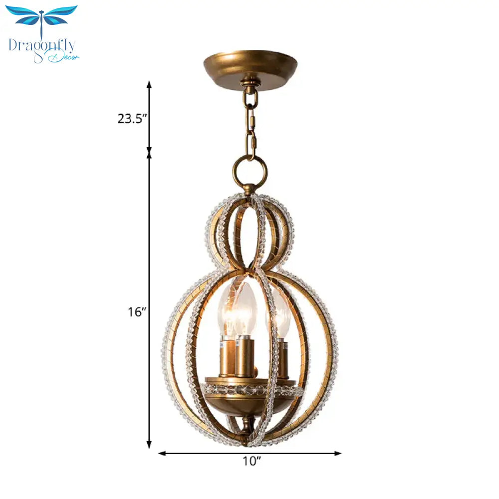 Gourd Metal Hanging Chandelier Retro 3 Heads Brass Ceiling Pendant Light With Crystal Bead