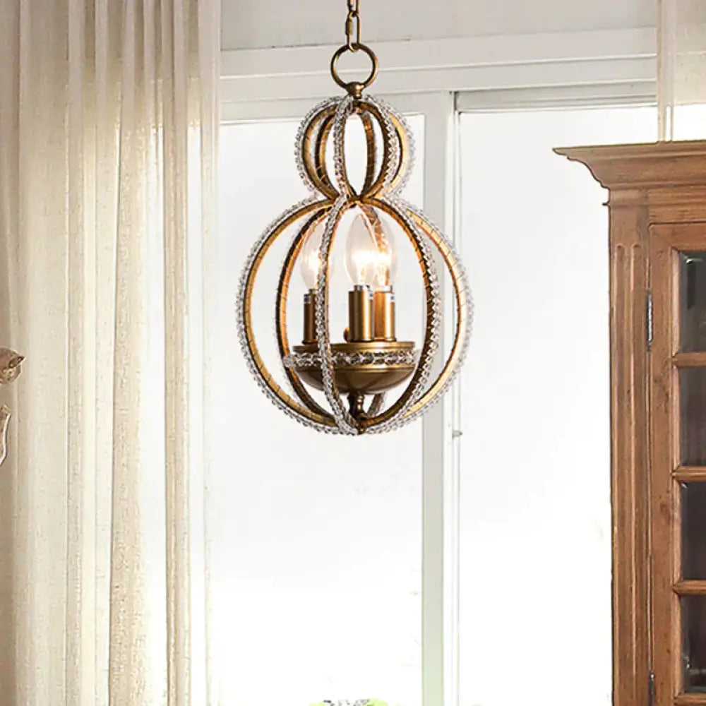 Gourd Metal Hanging Chandelier Retro 3 Heads Brass Ceiling Pendant Light With Crystal Bead