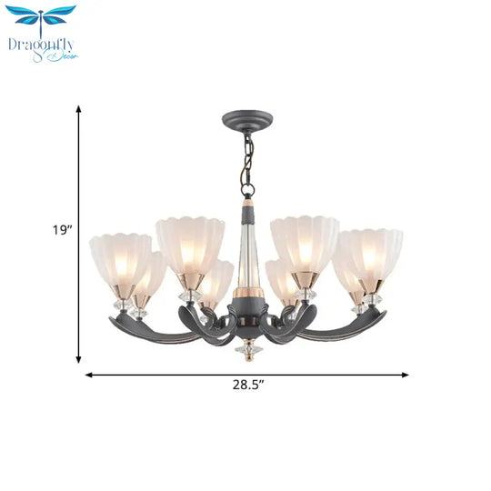 Gray - Gold 6/8 Lights Ceiling Chandelier Traditional White Frosted Glass Flower Up Hanging Lamp