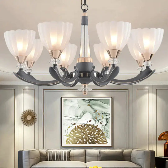Gray - Gold 6/8 Lights Ceiling Chandelier Traditional White Frosted Glass Flower Up Hanging Lamp 8 /
