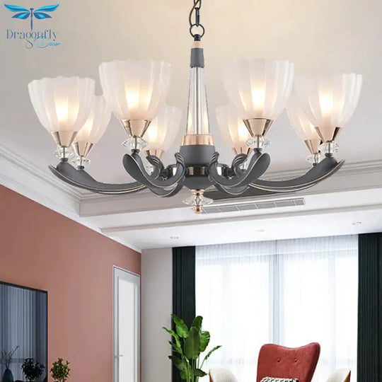 Gray - Gold 6/8 Lights Ceiling Chandelier Traditional White Frosted Glass Flower Up Hanging Lamp