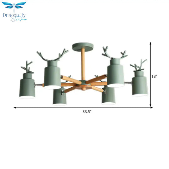Green Antlers Chandelier Nordic Style Metal 6 Lights Pendant Lighting With Radial Design