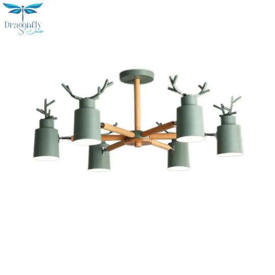 Green Antlers Chandelier Nordic Style Metal 6 Lights Pendant Lighting With Radial Design