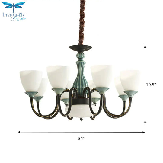 Green - Black Flared Shade Ceiling Chandelier Vintage Style Opal Glass 6/8 - Head Dining Room