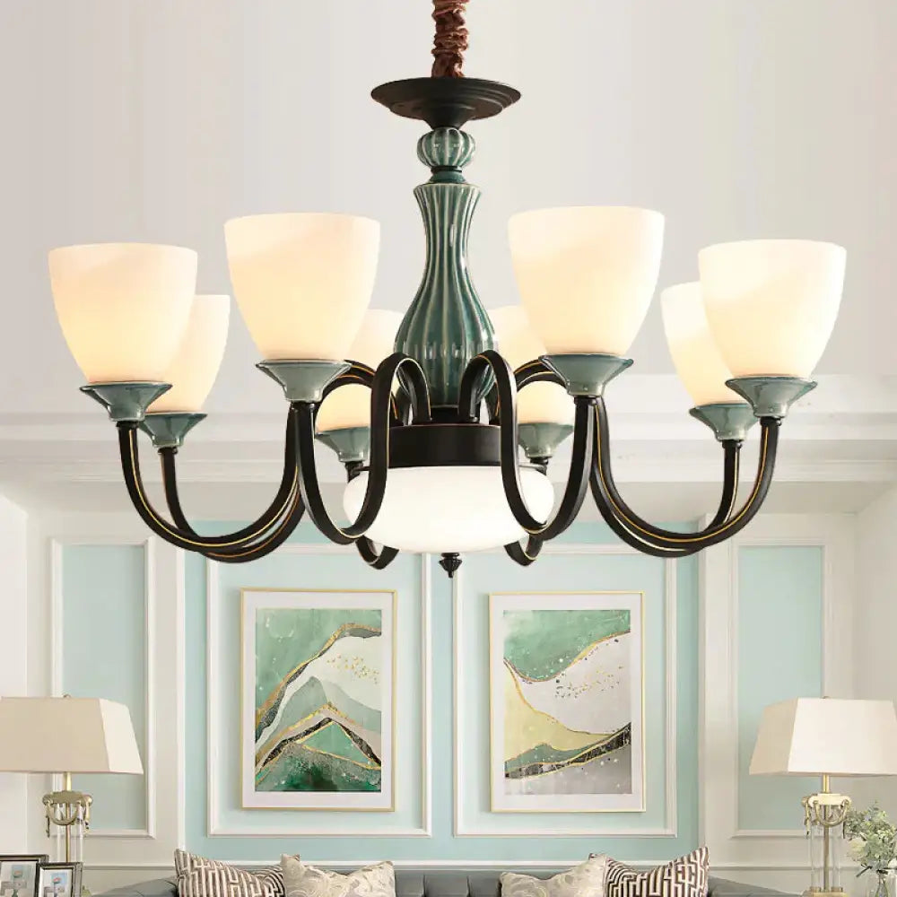 Green - Black Flared Shade Ceiling Chandelier Vintage Style Opal Glass 6/8 - Head Dining Room