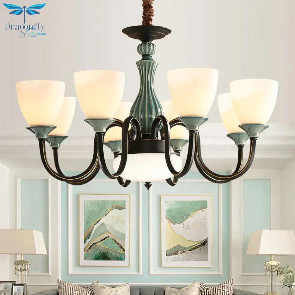Green - Black Flared Shade Ceiling Chandelier Vintage Style Opal Glass 6/8 - Head Dining Room