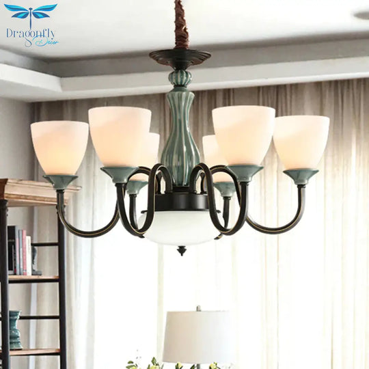 Green - Black Flared Shade Ceiling Chandelier Vintage Style Opal Glass 6/8 - Head Dining Room