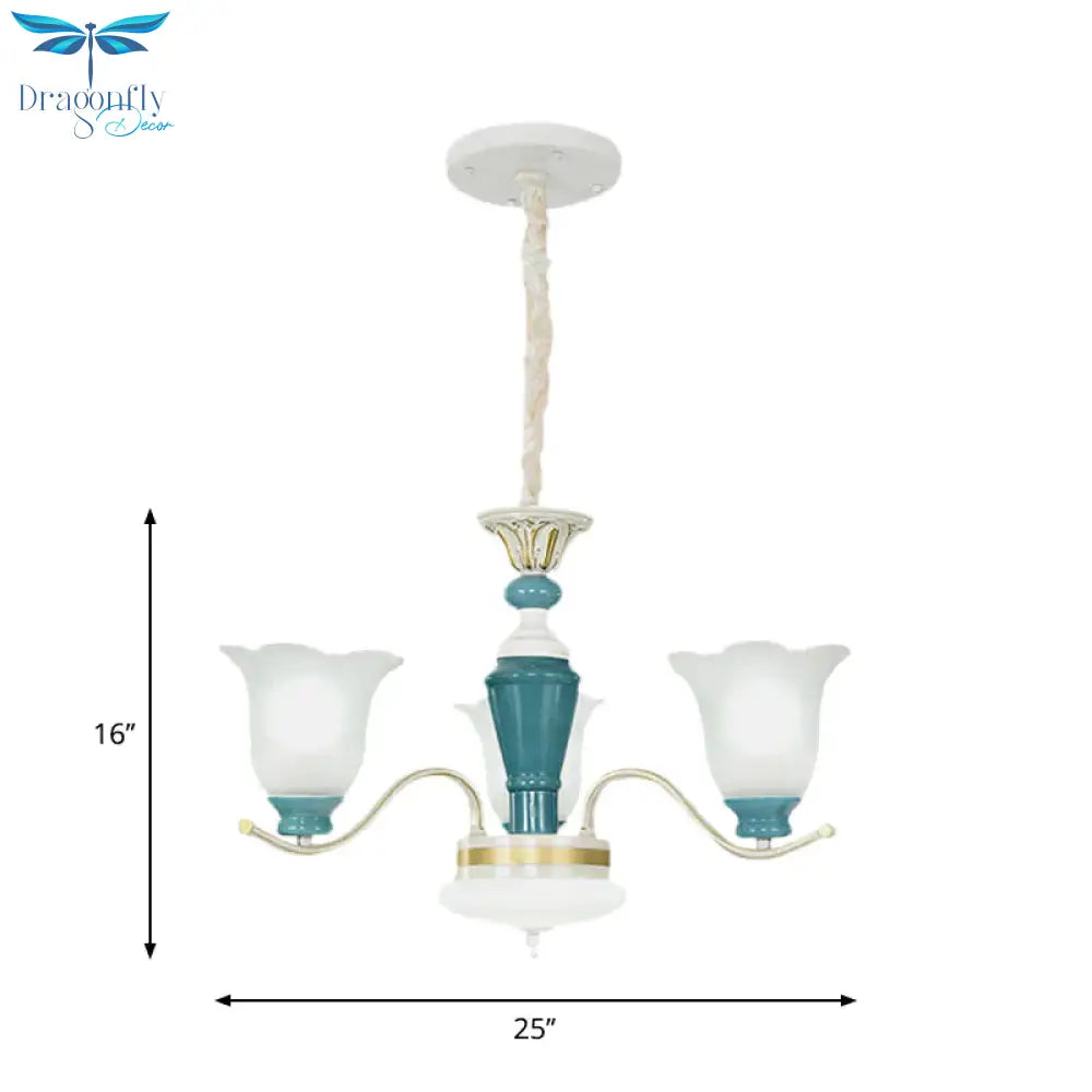 Green Flower Shade Ceiling Hang Fixture Countryside Style Cream Glass 3/6 - Light Bedroom Pendant