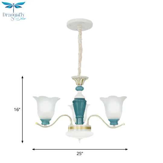 Green Flower Shade Ceiling Hang Fixture Countryside Style Cream Glass 3/6 - Light Bedroom Pendant