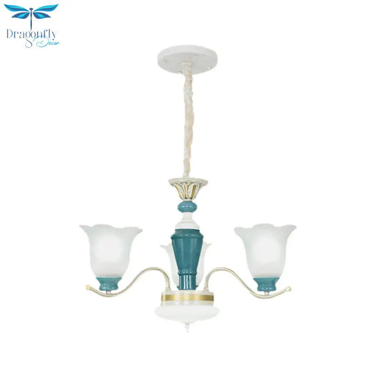 Green Flower Shade Ceiling Hang Fixture Countryside Style Cream Glass 3/6 - Light Bedroom Pendant