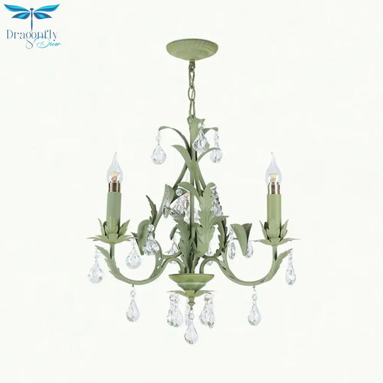 Green Foliage Design Candle Chandelier Countryside Iron 3 Lights Bedroom Ceiling Suspension Lamp