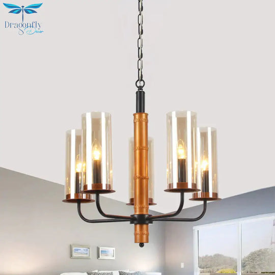 Grey Glass Tubular Chandelier Lighting Modernist 3/5/6 Lights Living Room Pendant Lamp Kit In Gold