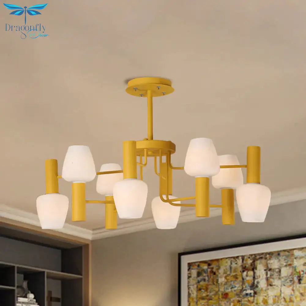 Grey/Pink/Yellow Conical Chandelier Lamp Modernist 8 Heads Frosted Glass Hanging Light For Living