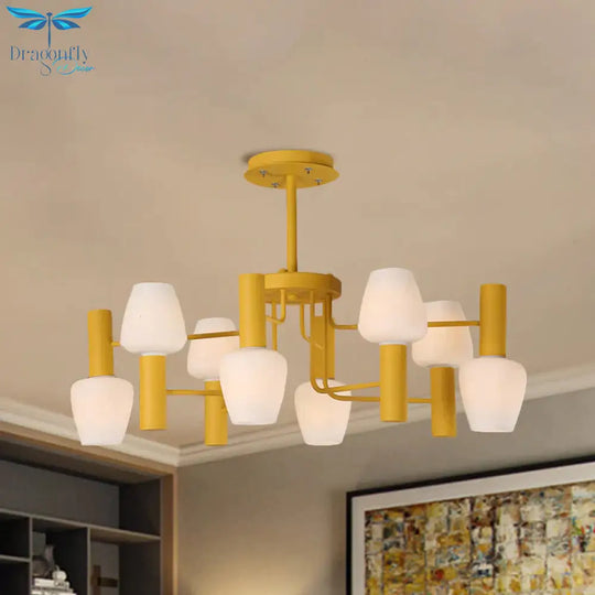 Grey/Pink/Yellow Conical Chandelier Lamp Modernist 8 Heads Frosted Glass Hanging Light For Living