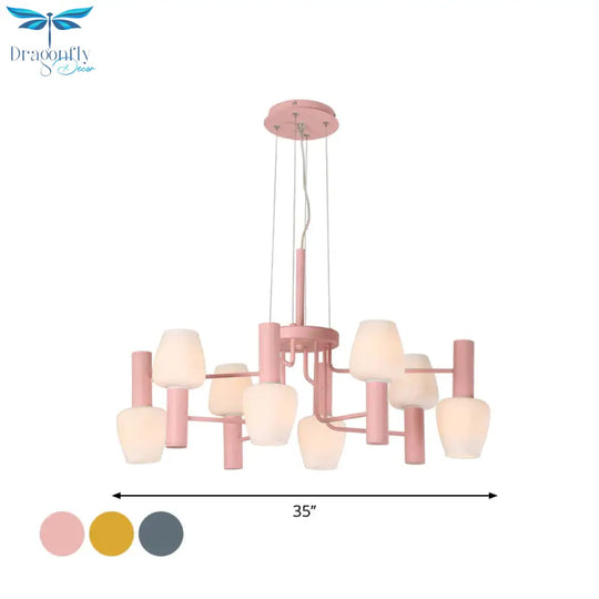 Grey/Pink/Yellow Conical Chandelier Lamp Modernist 8 Heads Frosted Glass Hanging Light For Living