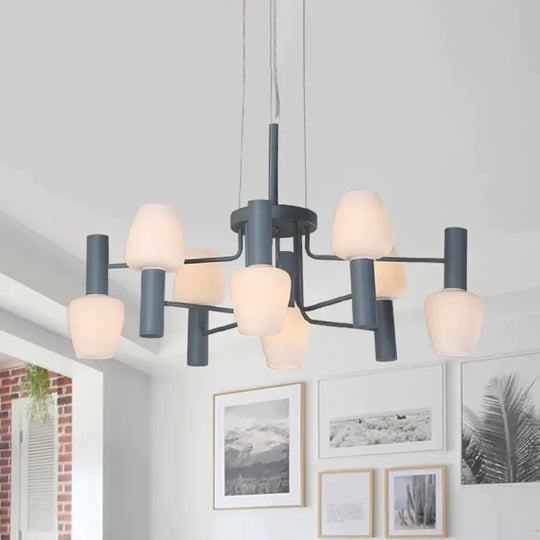 Grey/Pink/Yellow Conical Chandelier Lamp Modernist 8 Heads Frosted Glass Hanging Light For Living