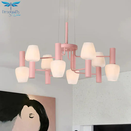 Grey/Pink/Yellow Conical Chandelier Lamp Modernist 8 Heads Frosted Glass Hanging Light For Living