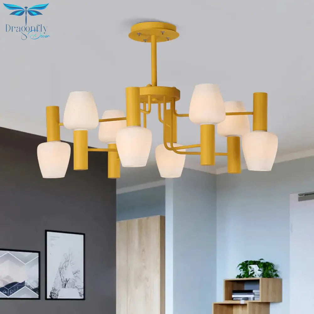 Grey/Pink/Yellow Conical Chandelier Lamp Modernist 8 Heads Frosted Glass Hanging Light For Living