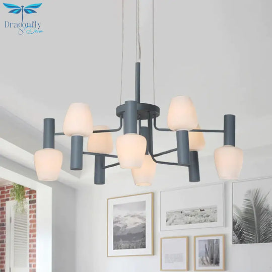 Grey/Pink/Yellow Conical Chandelier Lamp Modernist 8 Heads Frosted Glass Hanging Light For Living