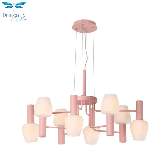 Grey/Pink/Yellow Conical Chandelier Lamp Modernist 8 Heads Frosted Glass Hanging Light For Living