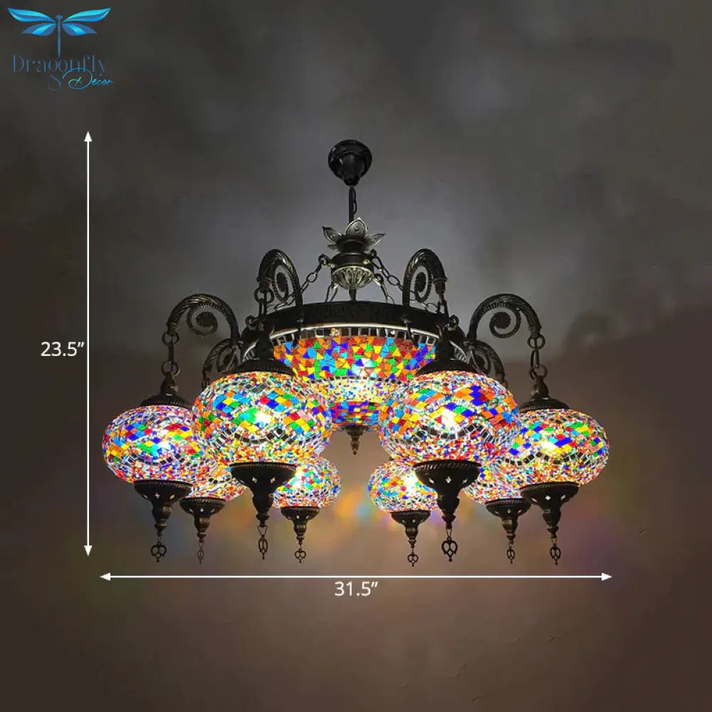 Hand Cut Glass Bronze Ceiling Lamp Oval 9 Heads Traditional Chandelier Light Fixture