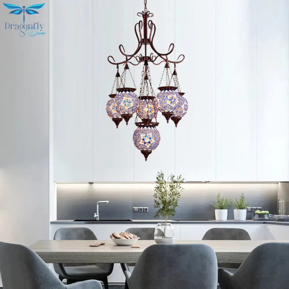Hand Cut Glass Copper Chandelier Global 6 - Light Turkish Pendant Ceiling Light For Dining Room