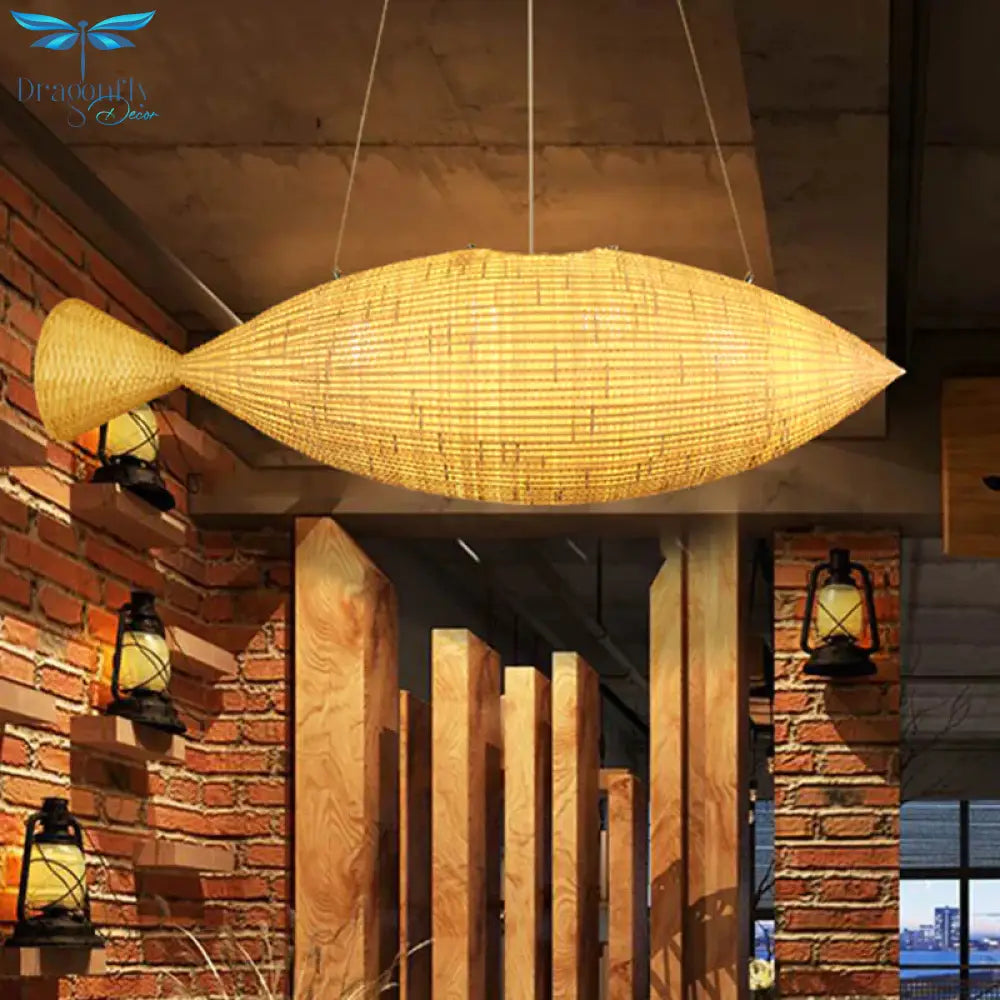 Hand Weaving Fish Bamboo Drop Lamp Chinese 2 Bulbs Beige Pendant Chandelier For Restaurant