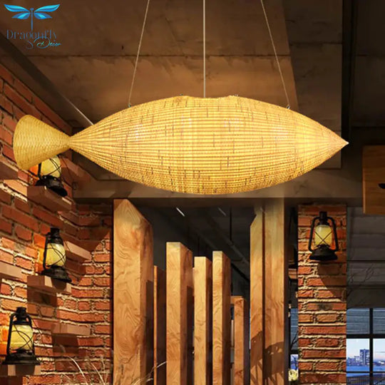Hand Weaving Fish Bamboo Drop Lamp Chinese 2 Bulbs Beige Pendant Chandelier For Restaurant