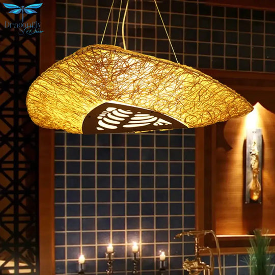 Hand - Worked Ceiling Chandelier Japanese Bamboo 3 Heads Hanging Pendant Light In Beige