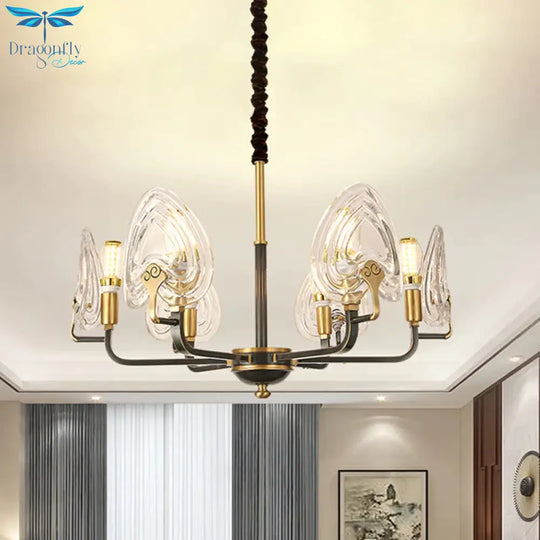 Heart - Shaped Bedroom Pendant Chandelier Colonial Clear Prismatic Glass 6/8 Bulbs Black And Gold