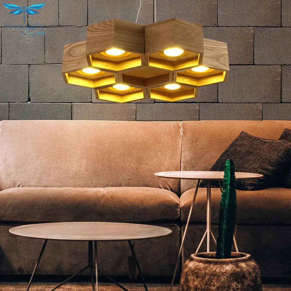 Honeycomb Chandelier Pendant Light Modern Wooden 6 - Light Living Room Ceiling Fixture