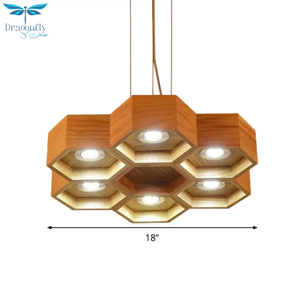 Honeycomb Wood Chandelier Light Contemporary 6 Heads Beige Hanging Pendant