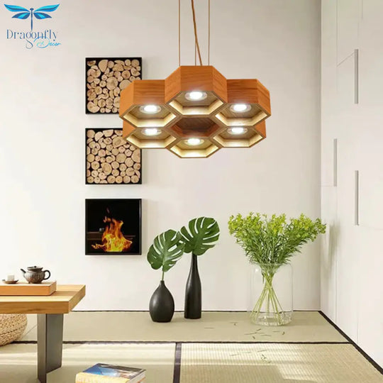 Honeycomb Wood Chandelier Light Contemporary 6 Heads Beige Hanging Pendant