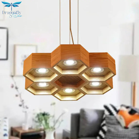 Honeycomb Wood Chandelier Light Contemporary 6 Heads Beige Hanging Pendant
