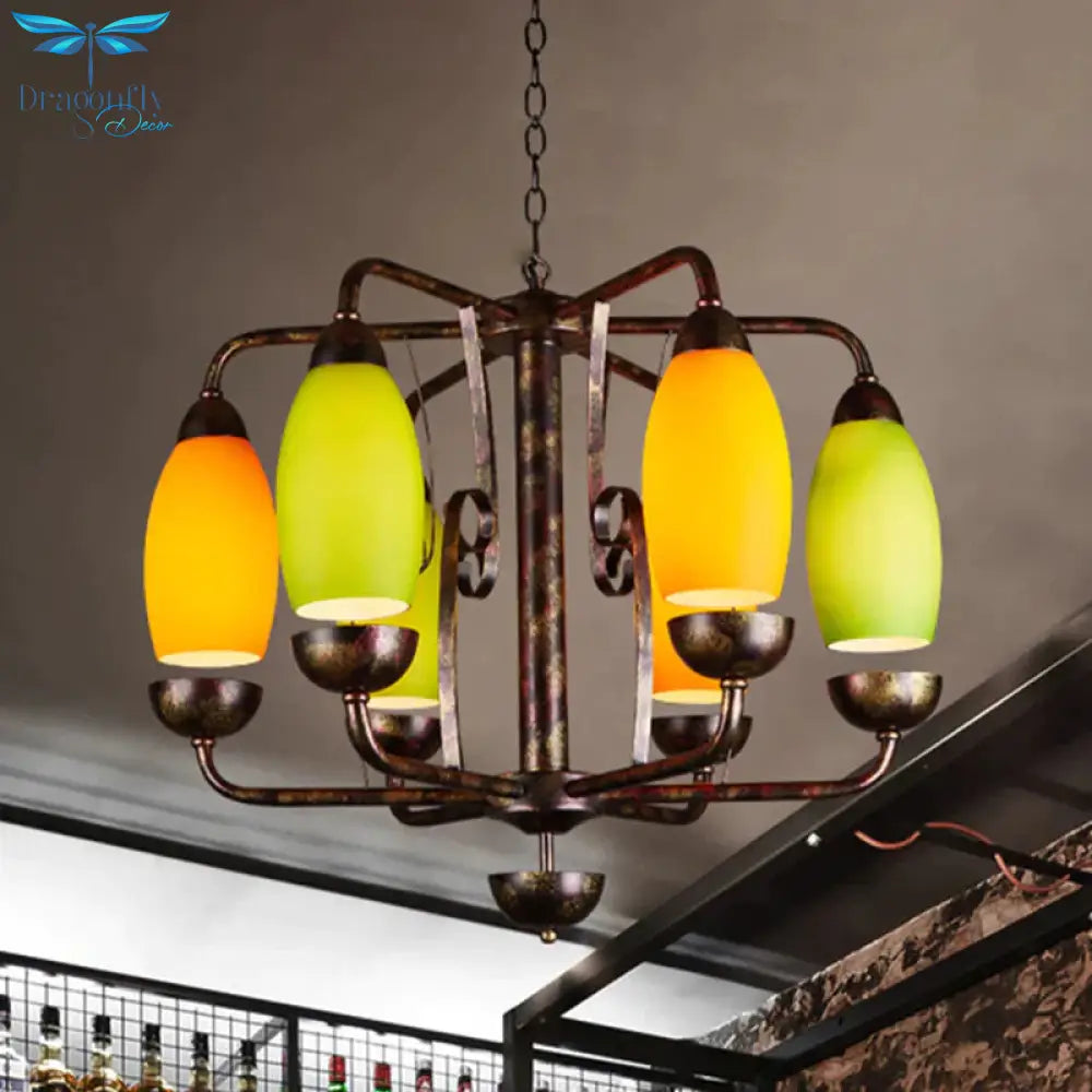 Industrial Antique Copper Pendant Light Yellow Melon 6 Lights Metallic Chandelier For Bar