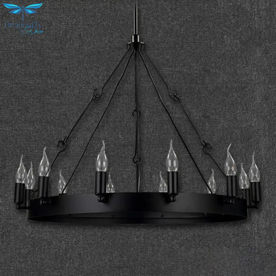 Industrial Black Iron Hanging Circular Chandelier Lamp