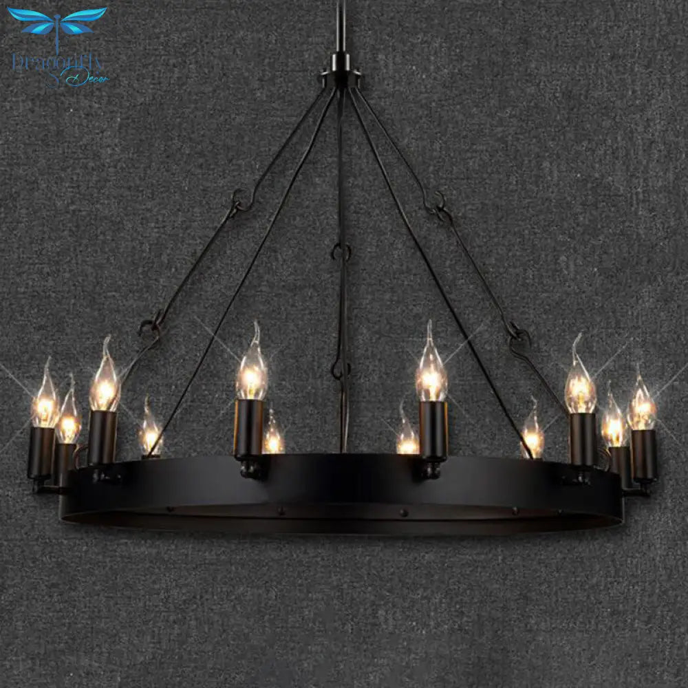 Industrial Black Iron Hanging Circular Chandelier Lamp