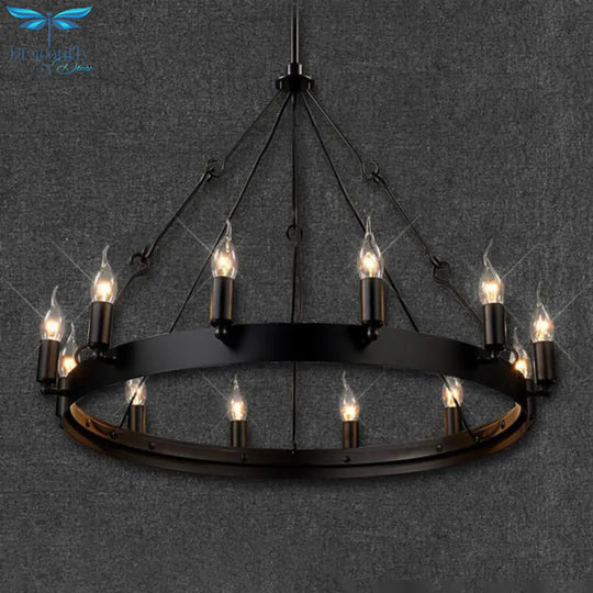 Industrial Black Iron Hanging Circular Chandelier Lamp