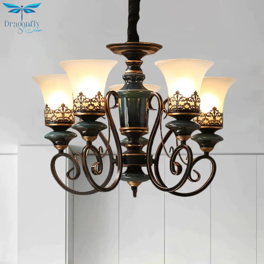 Industrial Style 3/5/6 - Bulb Chandelier With Bell Shade Opal Glass Rural Guest Room Suspension