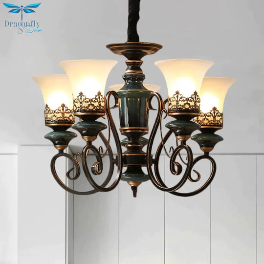 Industrial Style 3/5/6 - Bulb Chandelier With Bell Shade Opal Glass Rural Guest Room Suspension