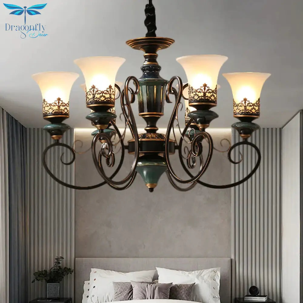 Industrial Style 3/5/6 - Bulb Chandelier With Bell Shade Opal Glass Rural Guest Room Suspension