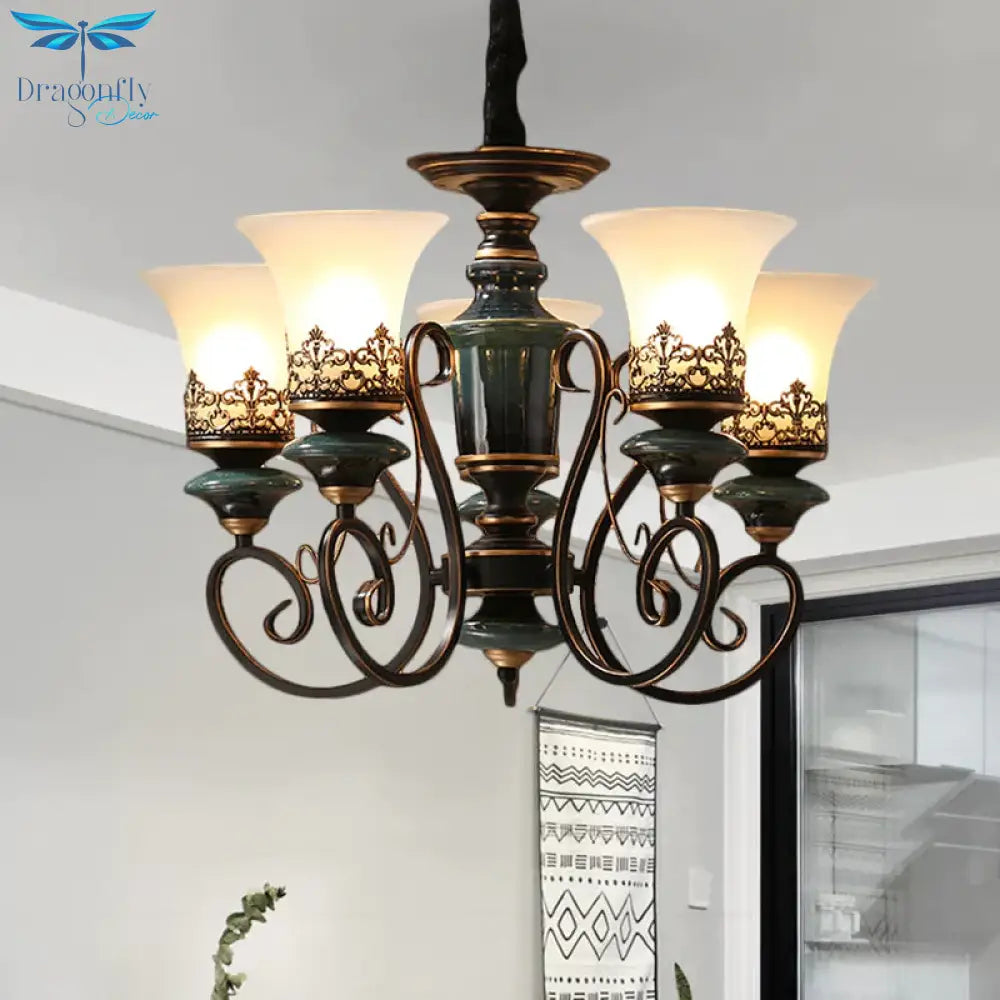 Industrial Style 3/5/6 - Bulb Chandelier With Bell Shade Opal Glass Rural Guest Room Suspension