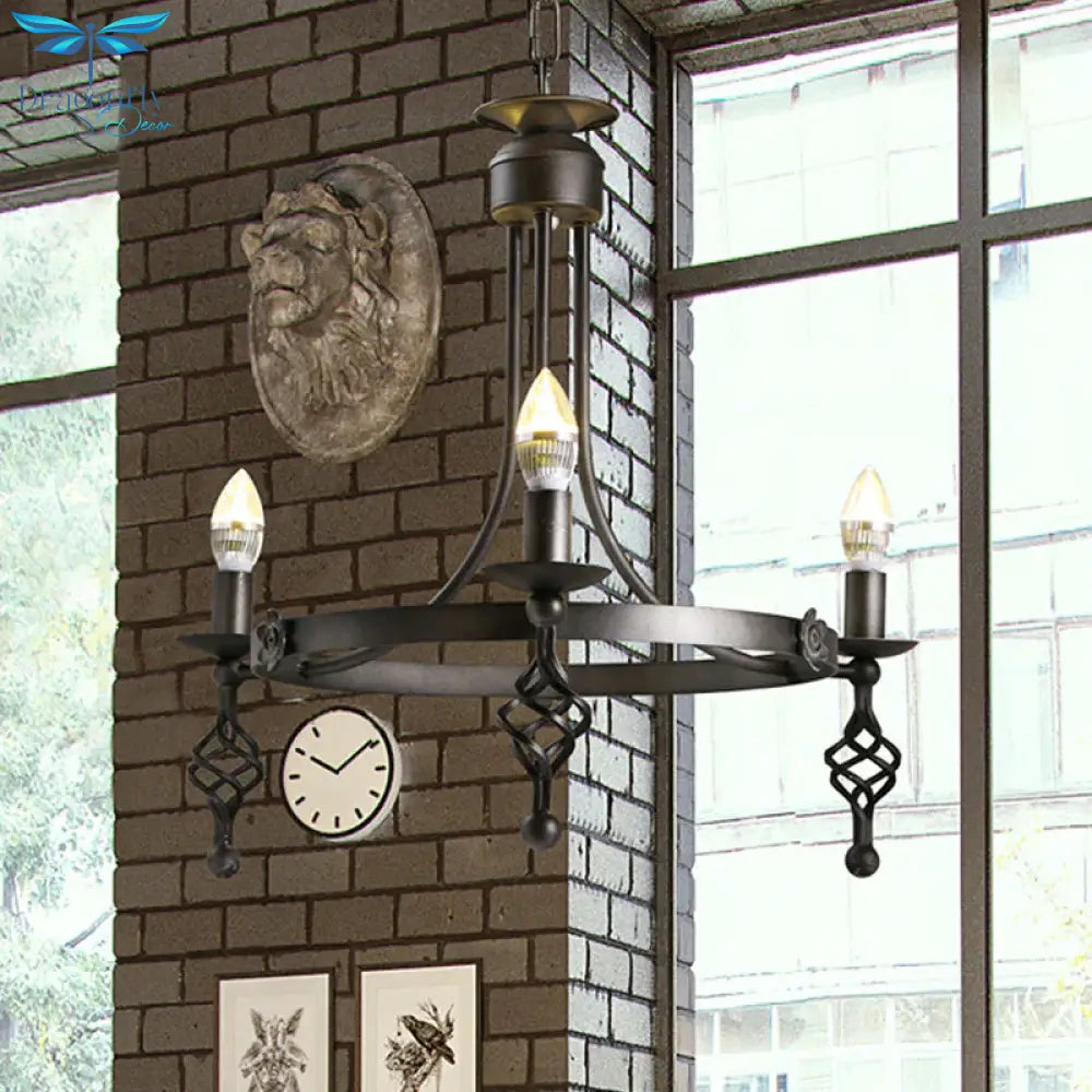 Iron Black Finish Hanging Chandelier Candelabra 3 - Light Rustic Suspension Pendant Light With
