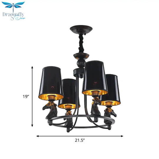 Iron Flared Chandelier Lamp Traditional 4/6/8 - Light Ceiling Pendant With Resin Detail In Black