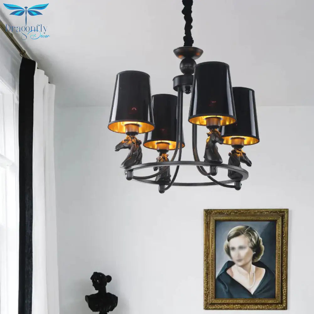 Iron Flared Chandelier Lamp Traditional 4/6/8 - Light Ceiling Pendant With Resin Detail In Black
